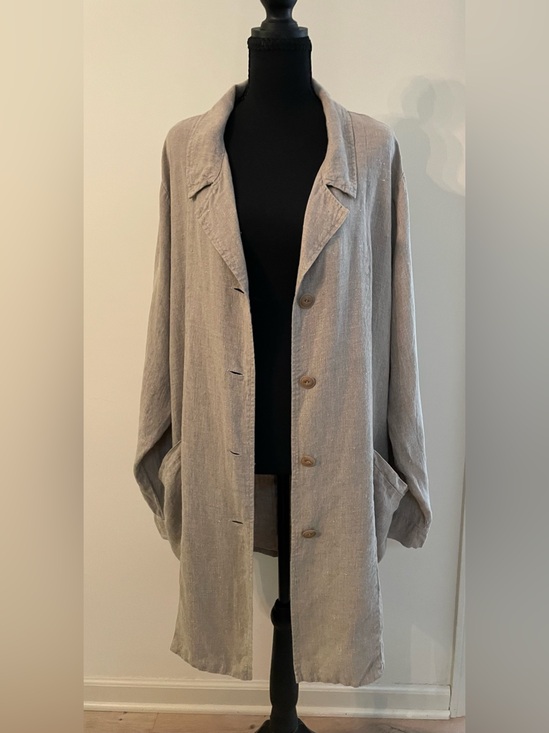 Flax Jackets & Blazers - Flax Lagenlook Taupe/Beige 100% Linen Button Front Jacket Artsy Flowy Boho L